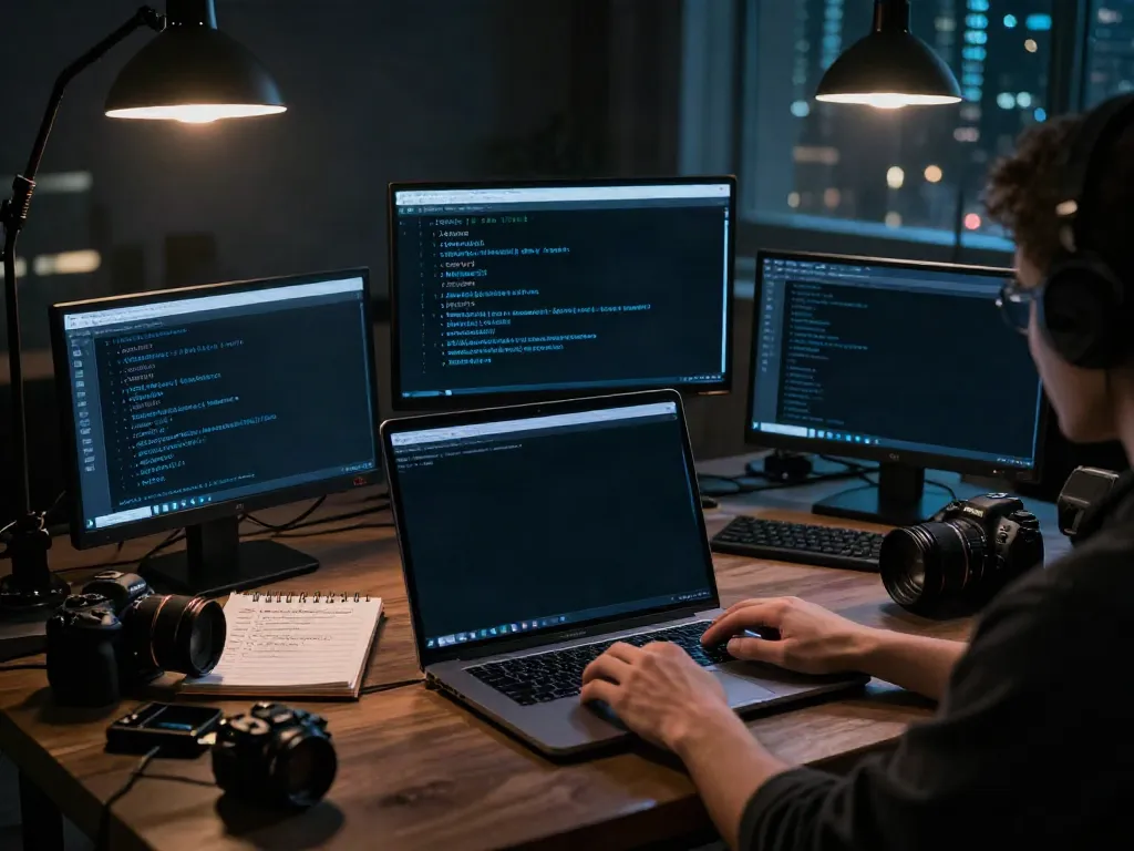 Exploring the hidden wiki 1 in a dimly lit tech space, with multiple monitors showing .onion links and VPN software.