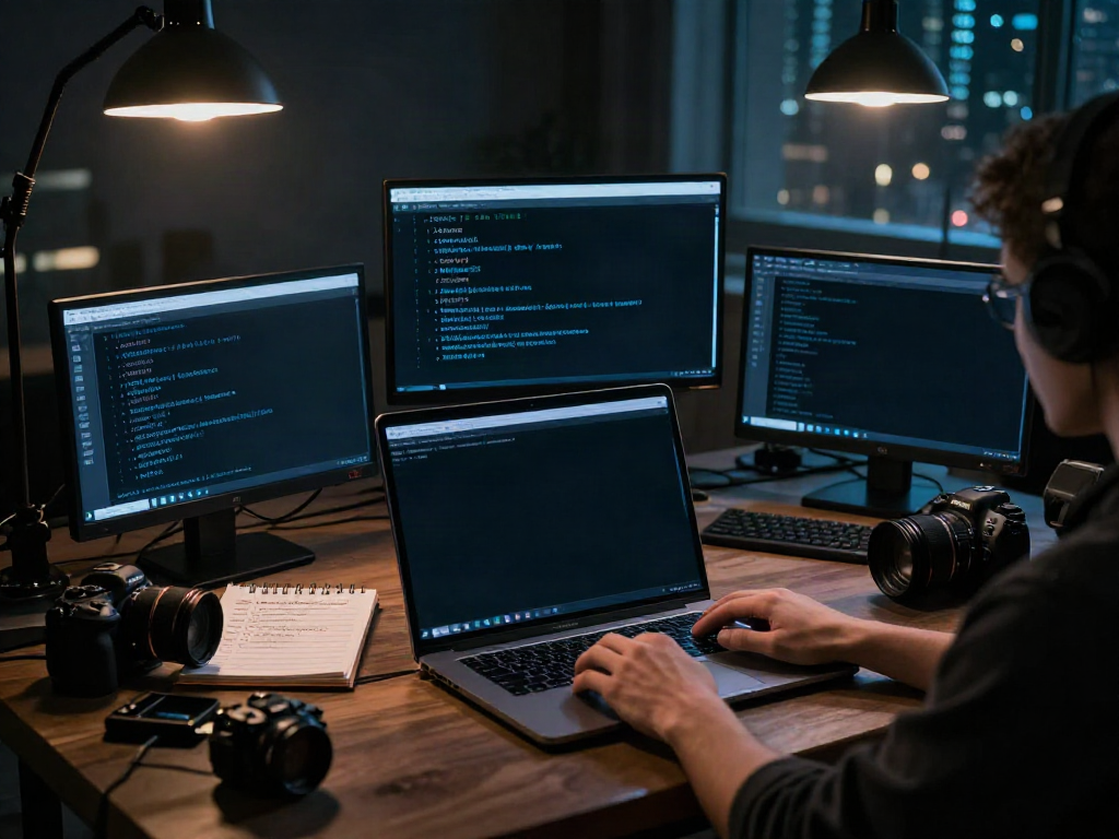 Exploring the hidden wiki 1 in a dimly lit tech space, with multiple monitors showing .onion links and VPN software.
