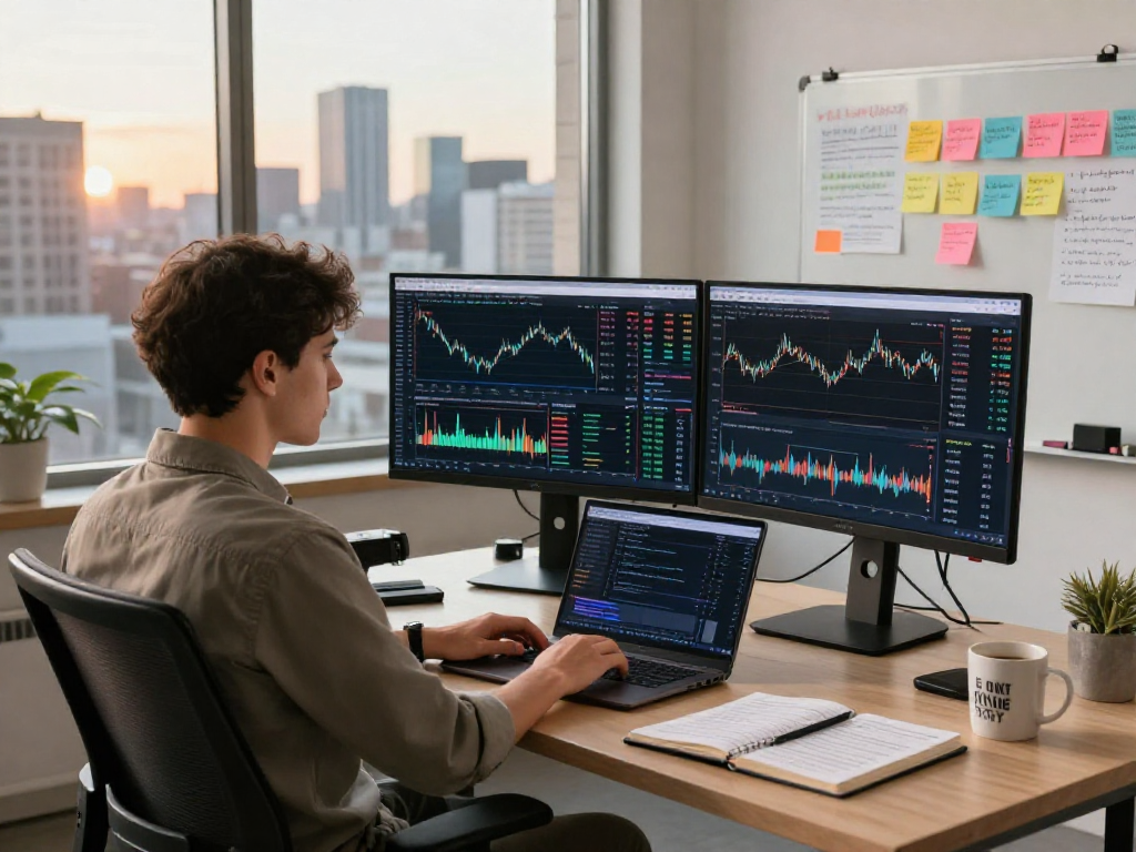 Trader utilizing TradingView for market analysis in a modern workspace with dual monitors and inspirational elements.
