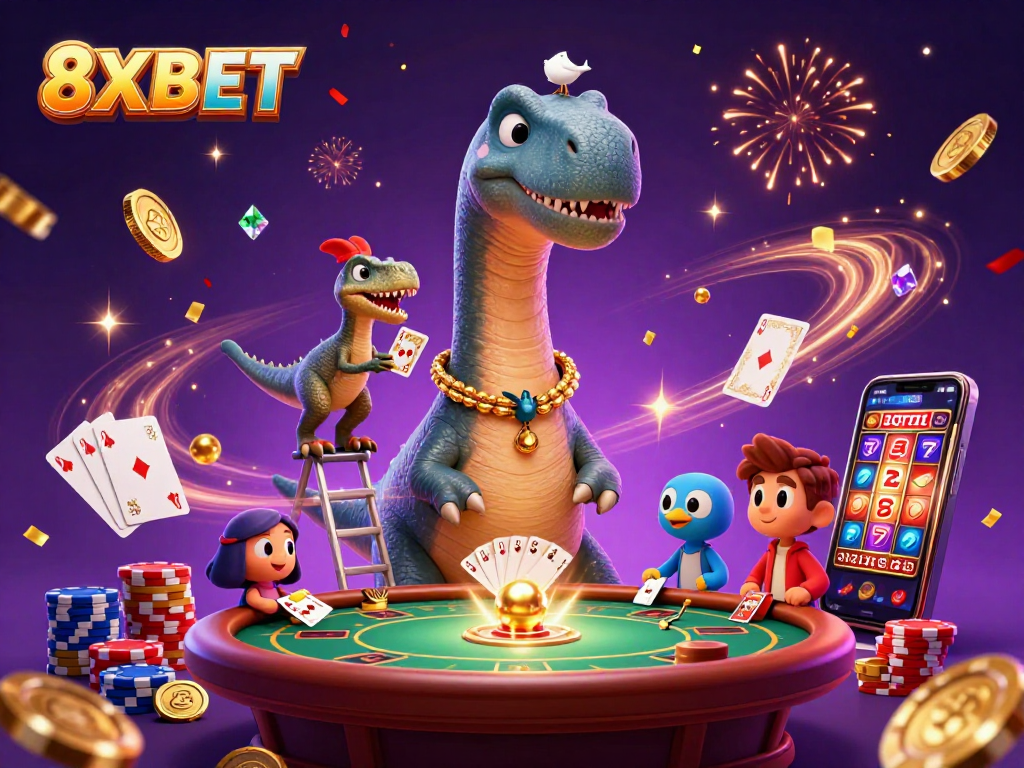 Engage in the exciting universe of 8XBET with whimsical characters in a vibrant casino scene.
