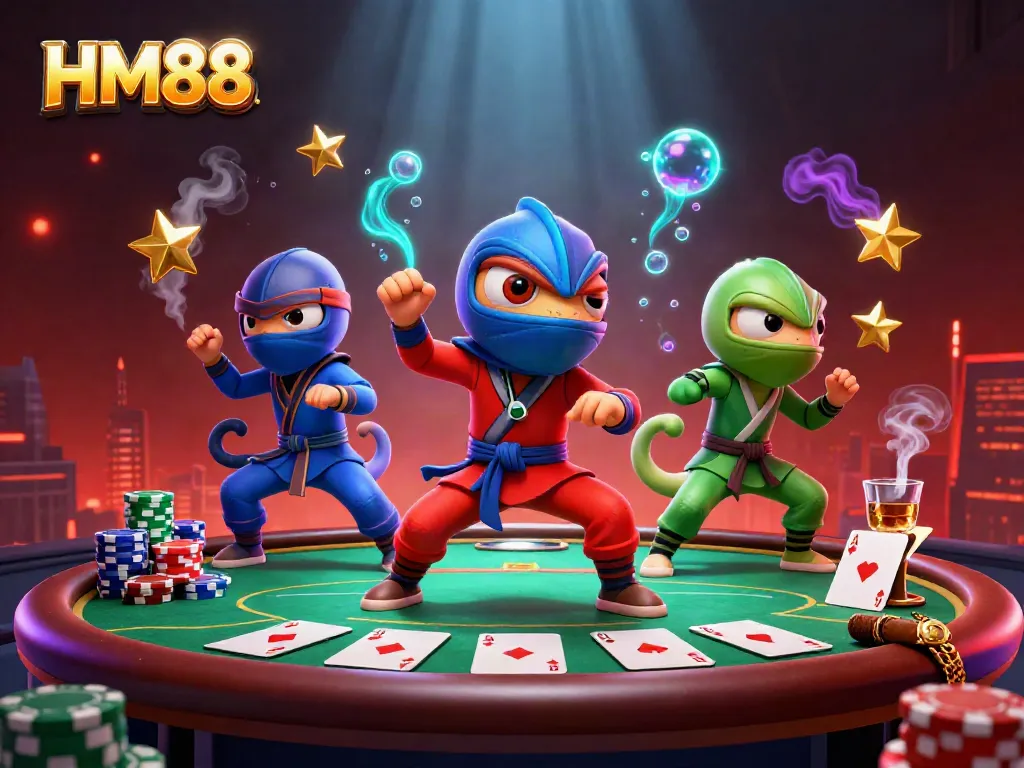 Engage in thrilling gameplay with HM88 as chameleon ninjas showcase their skills amidst poker elements.