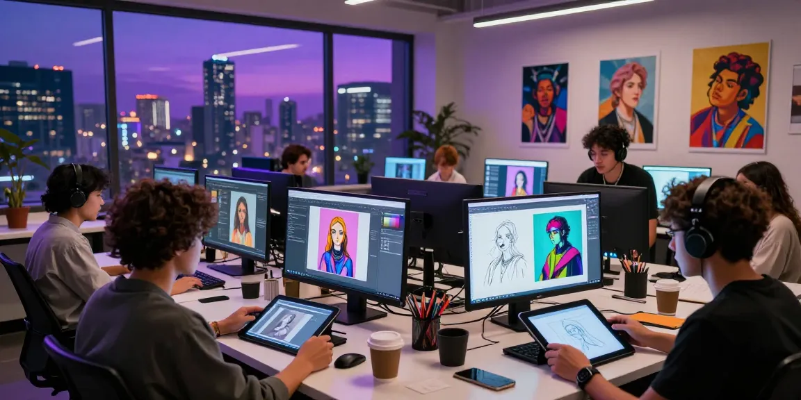 Creative AI NSFW art creators collaborating in a high-tech studio.