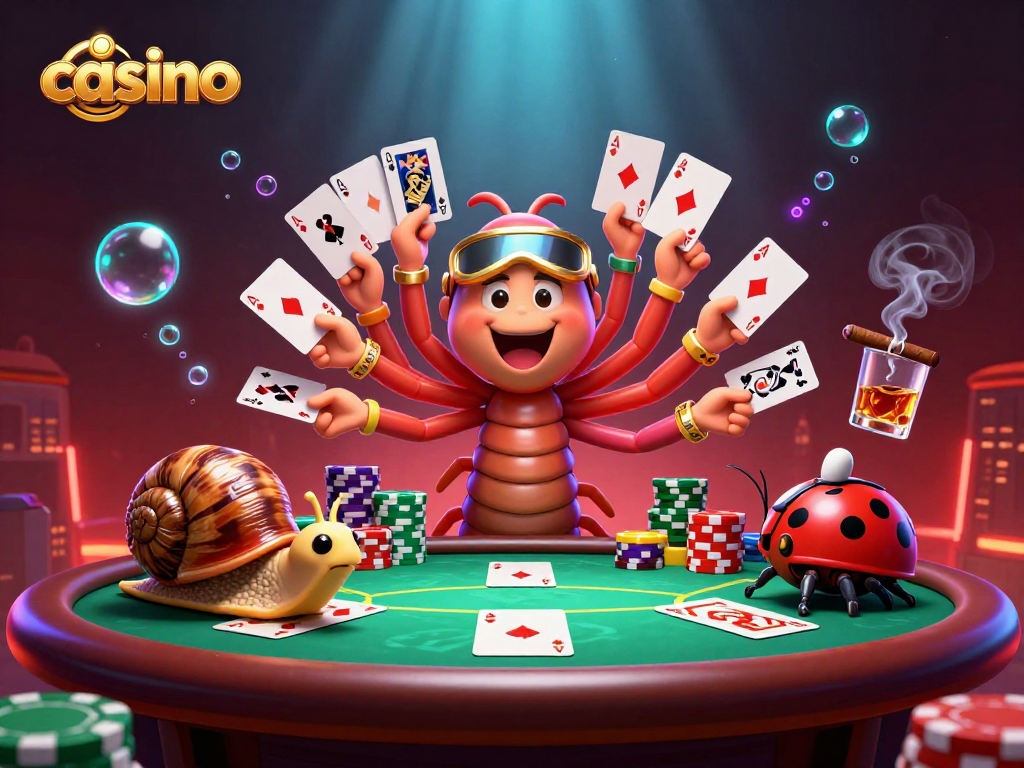 Dynamic casino scene featuring a cartoon millipede dealer, snail high-roller, and pill bug amidst poker chips.