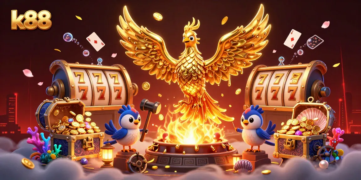 Engage with k88's thrilling gaming world through a molten phoenix emergence illustration.