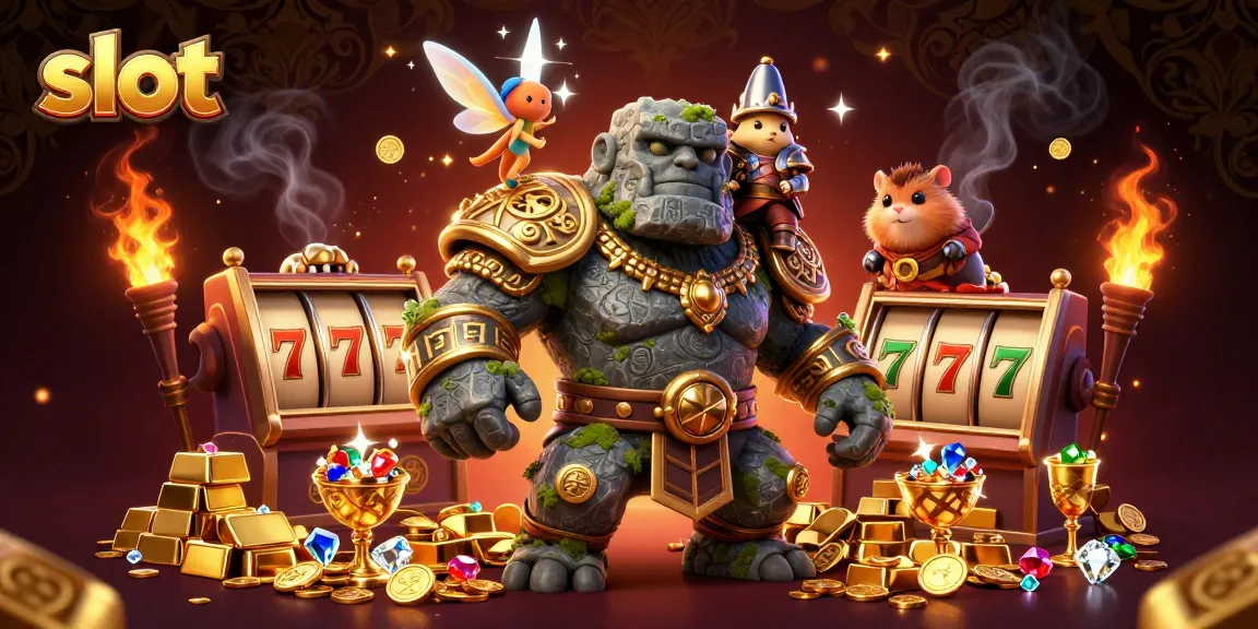 Spin to win big in slots with an ancient golem guardian and magical companions in a treasure-filled scene.