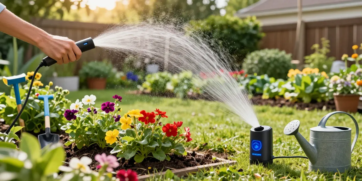 Person using rainpoint smart sprinkler controller to efficiently water vibrant garden.