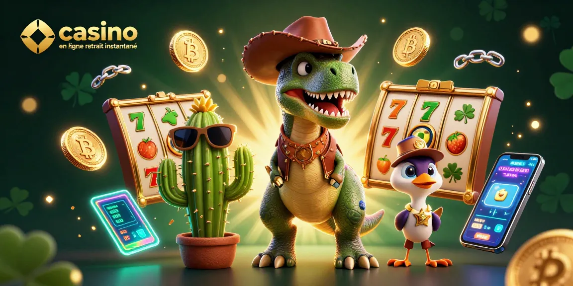 Profitez des jeux avec des retraits instantanés au casino en ligne retrait instantané, illustré par un T-Rex cartoon.
