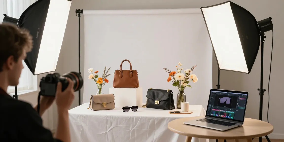 Photographe still life Milano arrange des accessoires de mode dans un studio lumineux, créant une ambiance professionnelle et élégante.