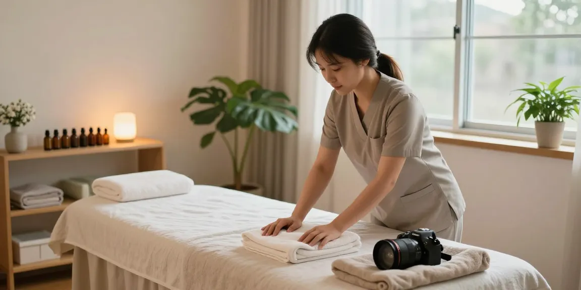 동탄출장안마 서비스를 제공하기 위해 준비 중인 젊은 마사지 치료사와 아늑한 마사지 공간