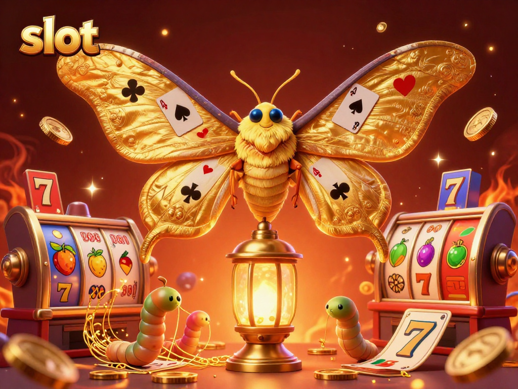 Spin the slot reels in this vibrant casino scene featuring a golden moth and colorful symbols.
