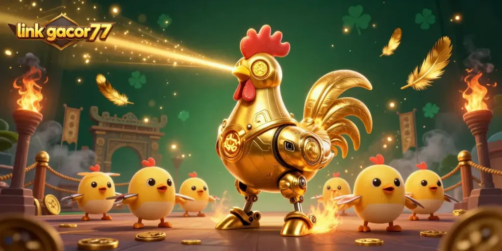 Menangkan permainan dengan link gacor77, robot ayam emas futuristis dan drone anak ayam yang mengiringi.