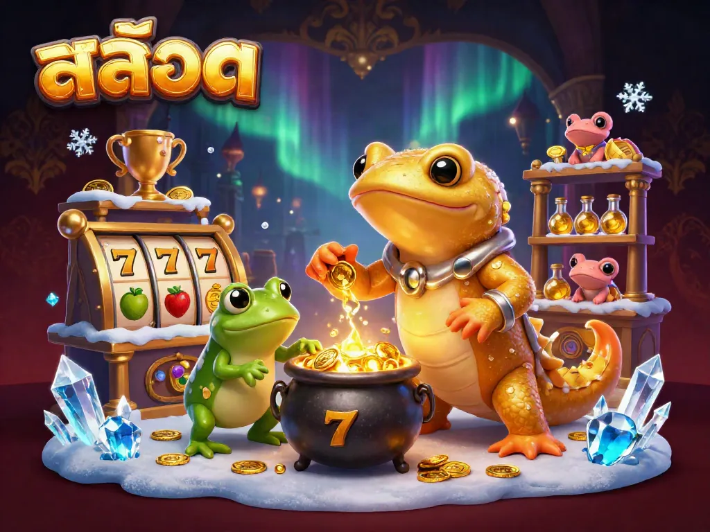 Experience the excitement of สล็อต with a 3D illustration of an alchemist transforming metals into gold.
