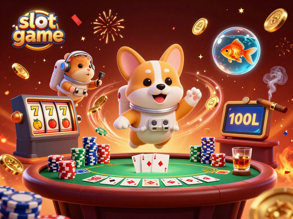 Engaging slot game illustration showcasing a corgi astronaut in a space casino with bright colors and casino elements.