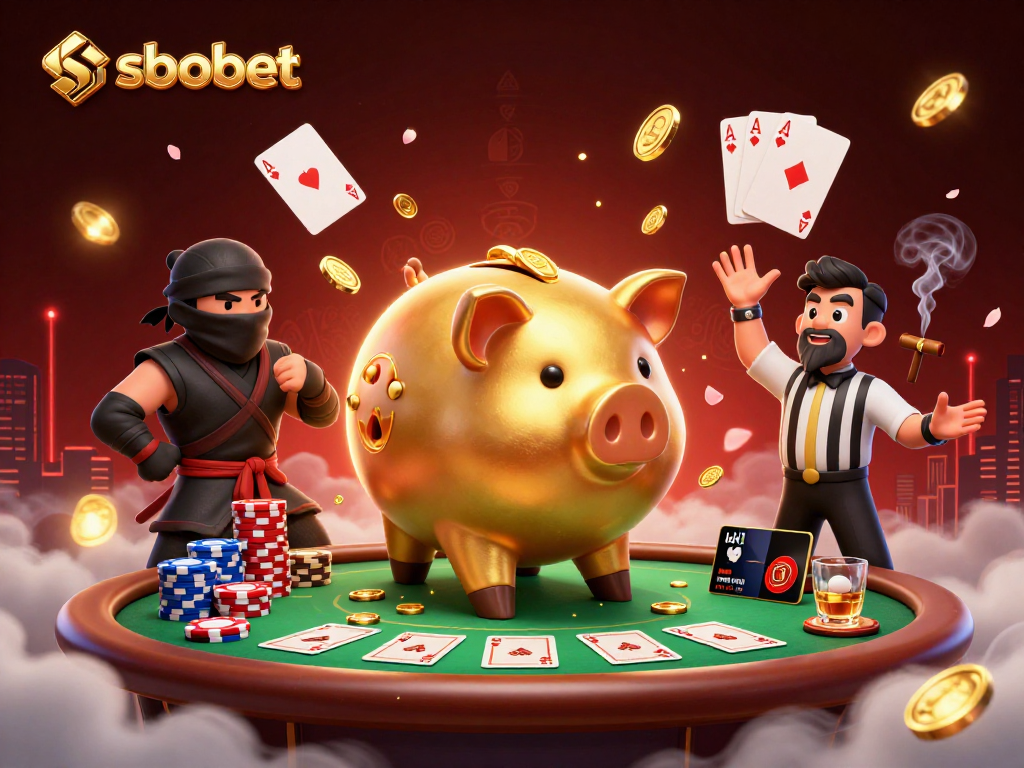 Engage in thrilling sbobet gaming action with a piggy bank sumo wrestler amidst poker excitement.