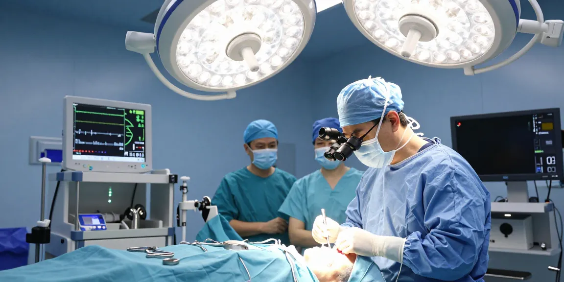 Detailed view of a beyin ameliyatı (brain surgery) in progress, showcasing the surgical team and advanced medical technology.
