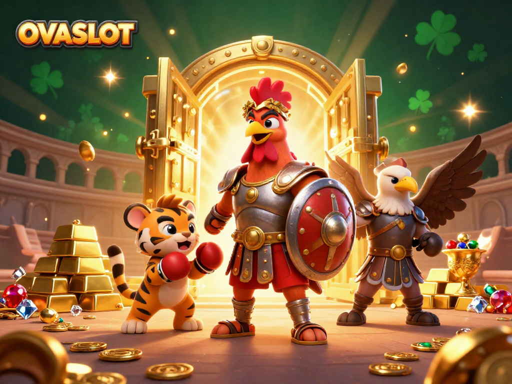 Experience the thrill of gaming at OVASLOT with a vibrant illustration of a gladiator rooster and treasures.