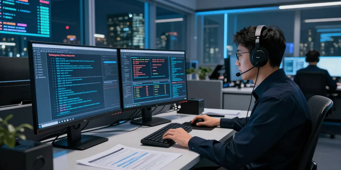 Cybersecurity analyst focused on monitoring telegram china security in high-tech operations center.