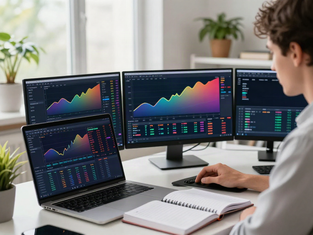 Trader using TradingView to analyze markets on multiple screens in a bright home office.