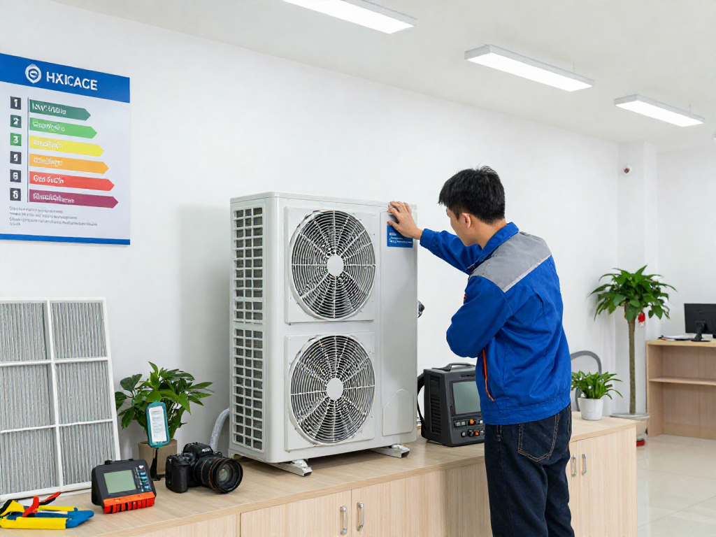 Skilled technician from HVAC SEO company troubleshooting modern HVAC system in professional workshop.