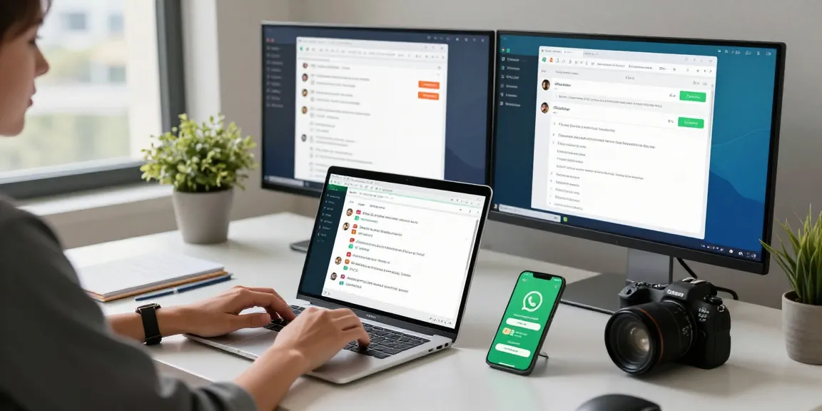 Using WhatsApp網頁版 on a modern desk with vibrant chat windows and a sleek laptop.