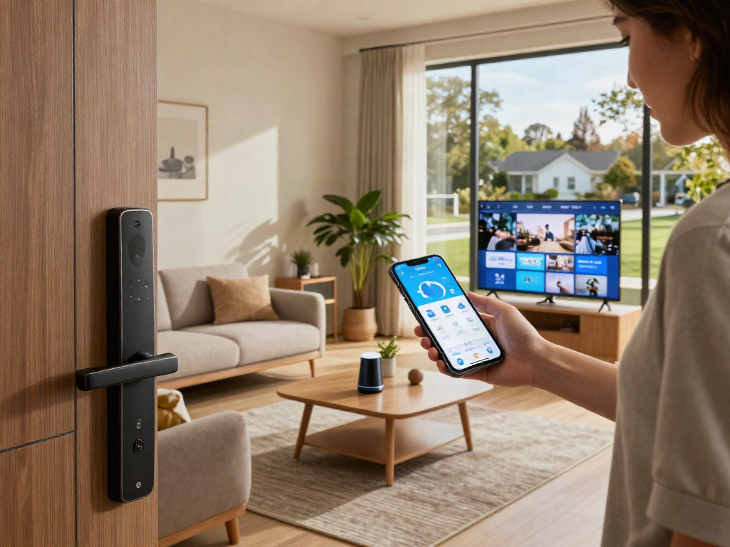 Smart lock قفل هوشمند being optimized for modern home security.