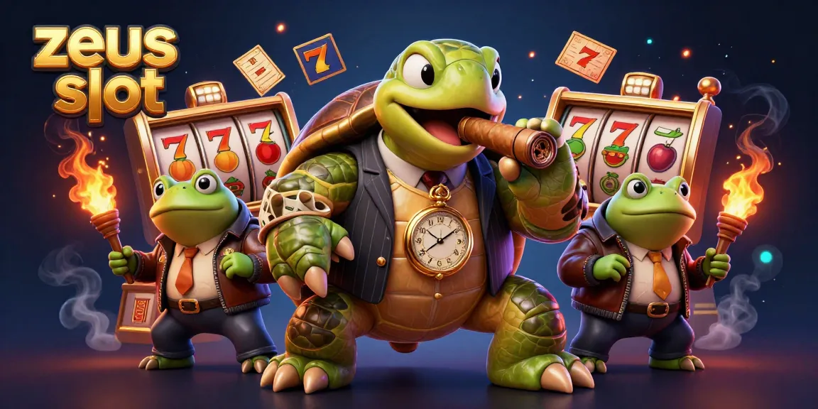 The zeus slot scene features a snapping turtle in a gangster suit alongside bullfrog enforcers amidst vibrant casino elements.