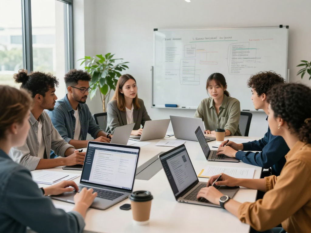 Team discussing document fraud detection software features in a modern office.
