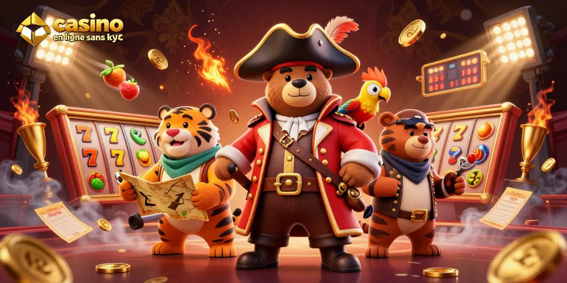 Jouez à des jeux sur un casino en ligne sans KYC avec un ours pirate et ses compagnons.