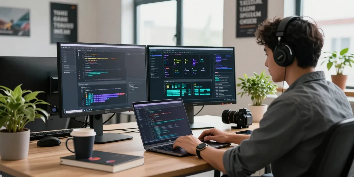 Developer coding in a professional workspace, featuring 纸飞机中文版 app interfaces on screens, creating an inspiring tech atmosphere.