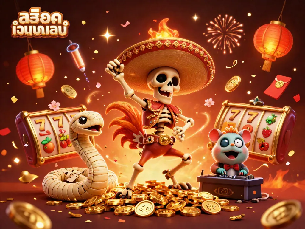 Experience thrilling wins with สล็อตเว็บตรงทั้งหมด, featuring a vibrant scene of casino characters celebrating among gold coins and confetti.
