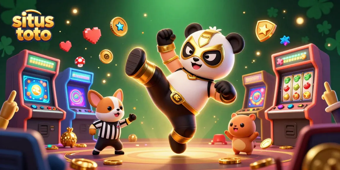 Situs toto showcases a cartoon panda wrestler in a dramatic kick, surrounded by vibrant casino elements.