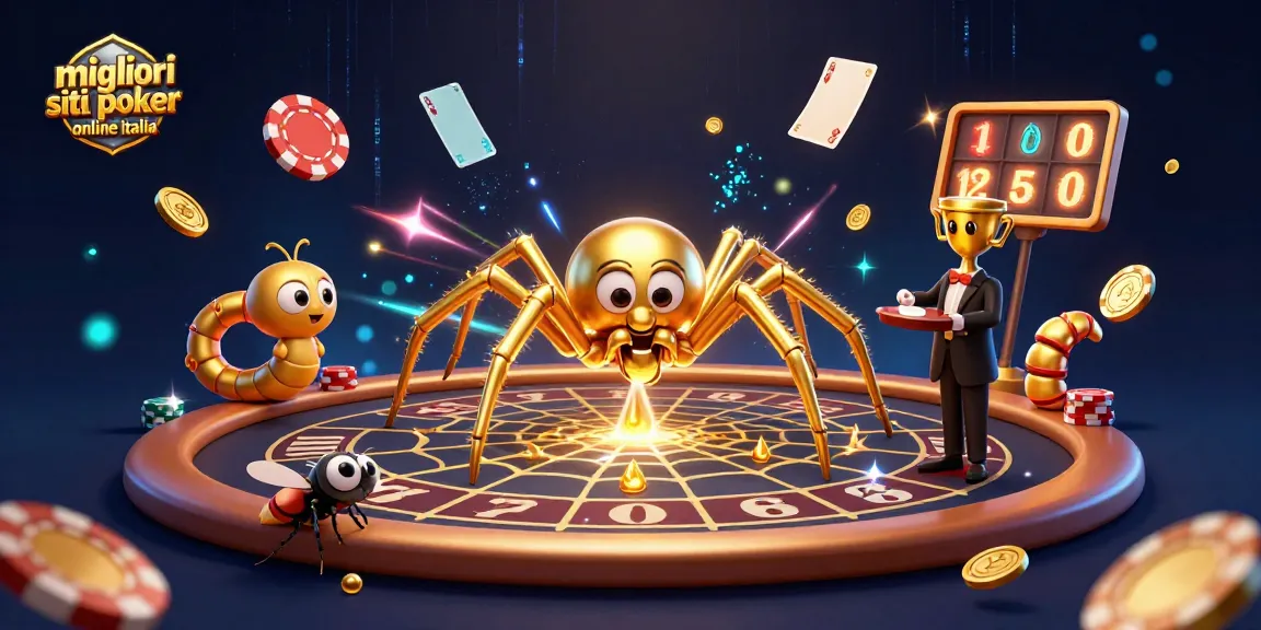 Migliori siti poker online Italia rappresentati in un'illustrazione 3D con ragno dorato e croupier bruchinando in uno scenario di poker vibrante.