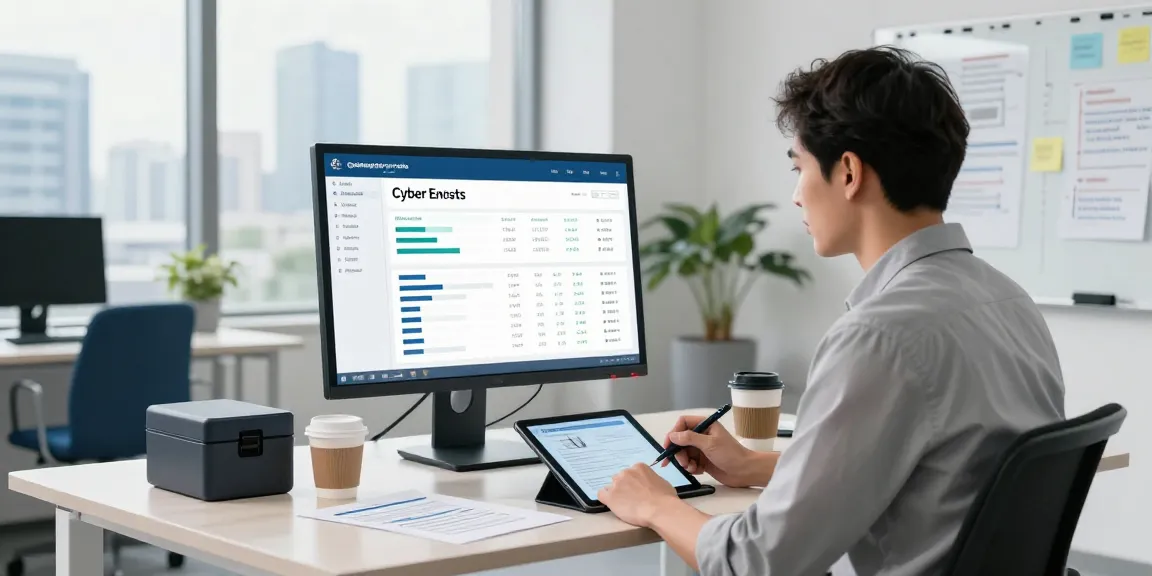 Cyber Essentials insurance consultation in a modern office setting, showcasing a consultant reviewing compliance metrics.