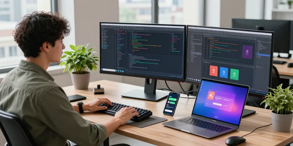 Developer using advanced 截图工具 in a modern office workspace with multiple screens and a vibrant atmosphere.