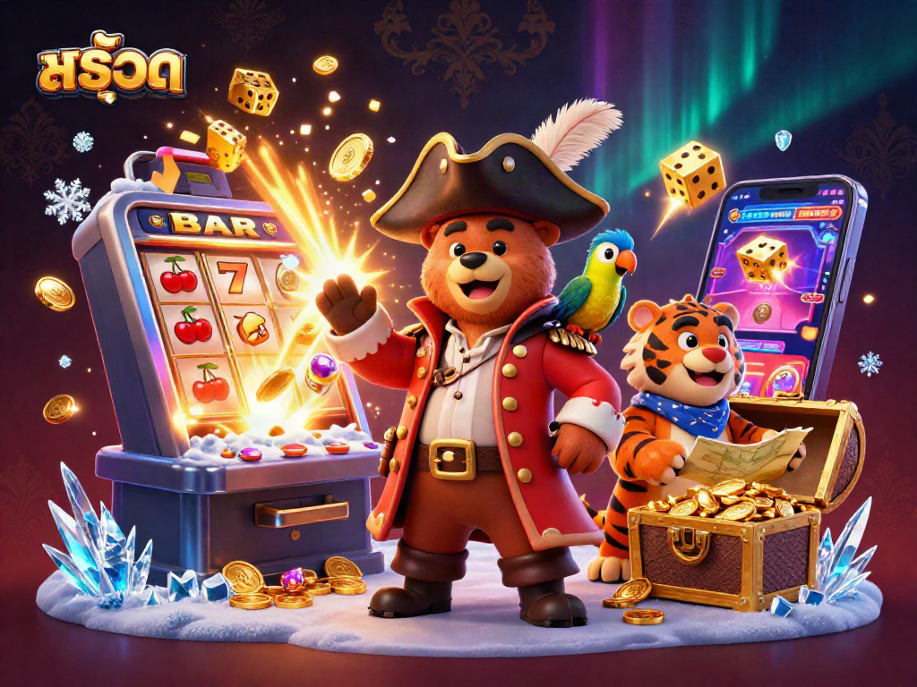 Experience สล็อต excitement with a pirate bear, tiger, and gold in a dazzling casino scene.