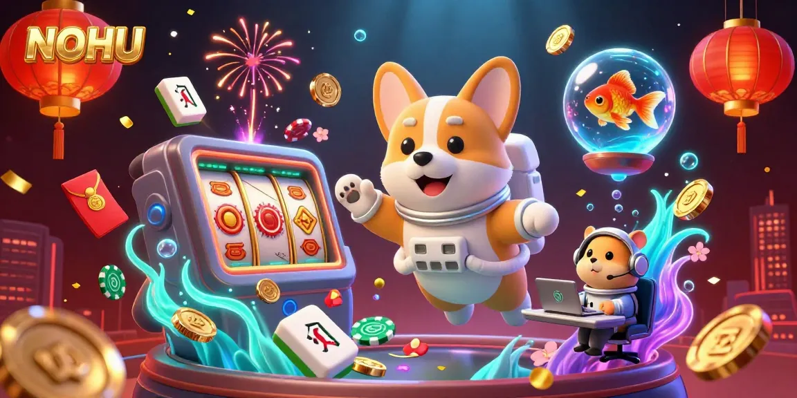 NoHU themed casino illustration with a floating corgi, golden coins, and vibrant gaming elements in a cosmic setting.