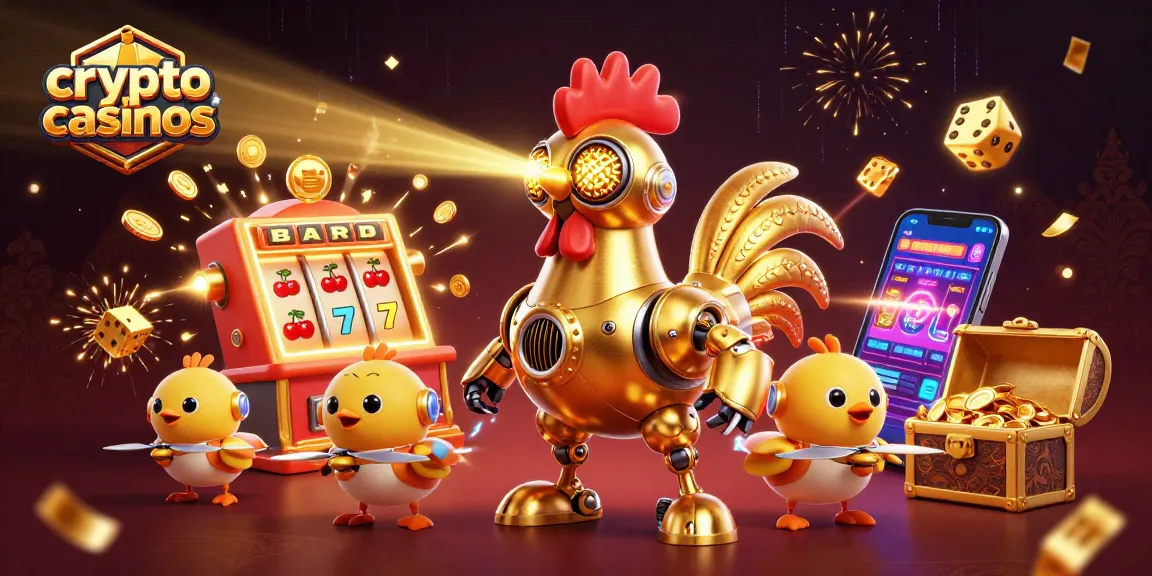 Jouez avec les crypto casinos au milieu d'une scène animée, avec des robots dorés et des machines à sous.