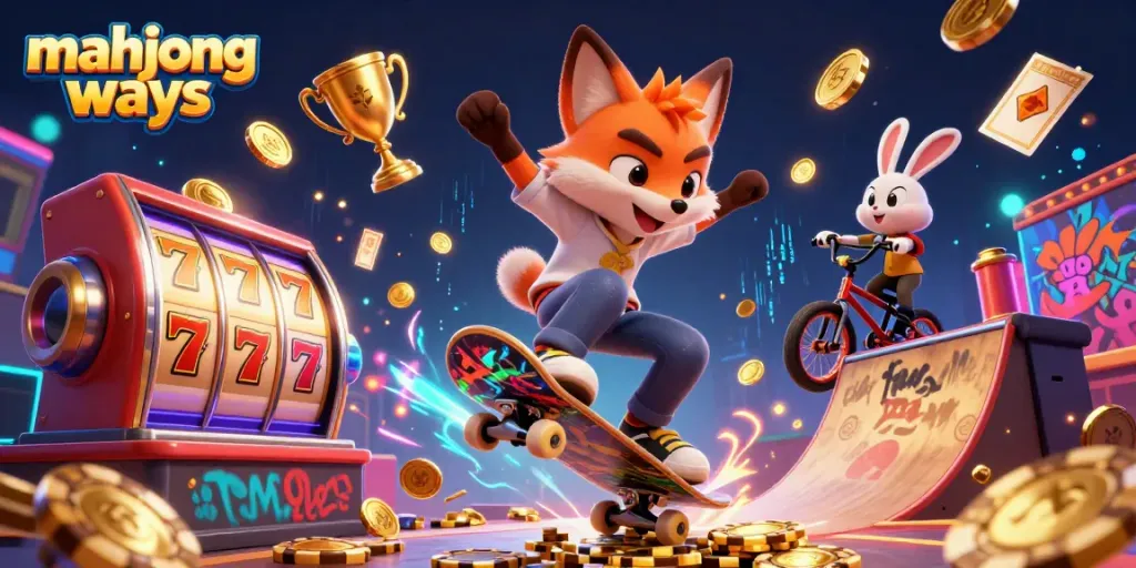Experience the excitement of mahjong ways with a dynamic illustration featuring a skateboarder fox and BMX rabbit amidst vibrant casino elements.