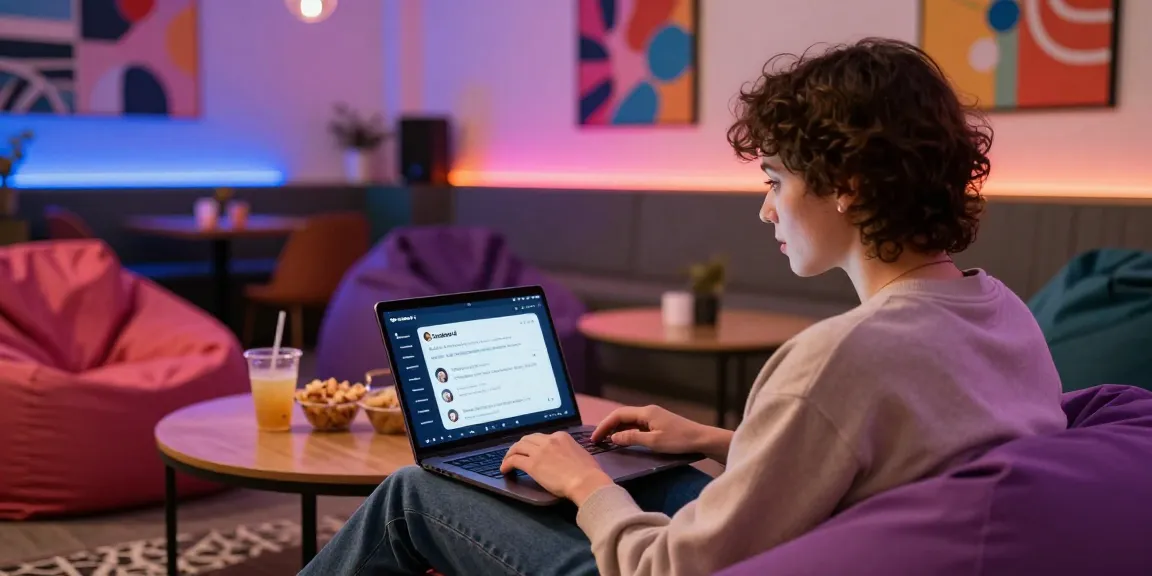 Engaging in NSFW AI chat on laptop in a vibrant urban café setting with colorful LED lights.