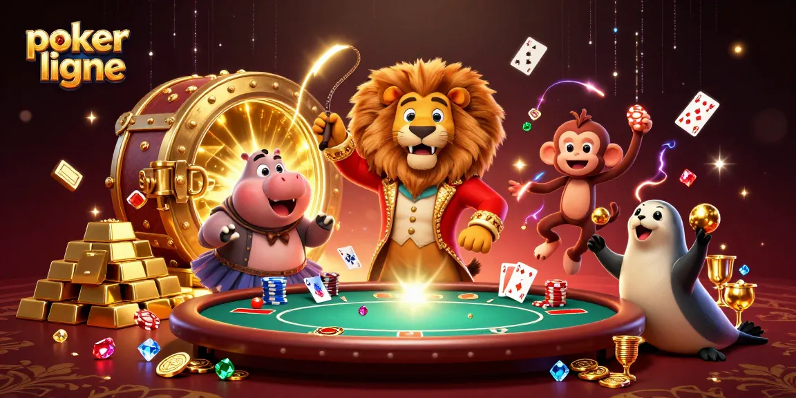 Gagnez au poker en ligne avec une scène dynamique remplie de personnages et de jetons.