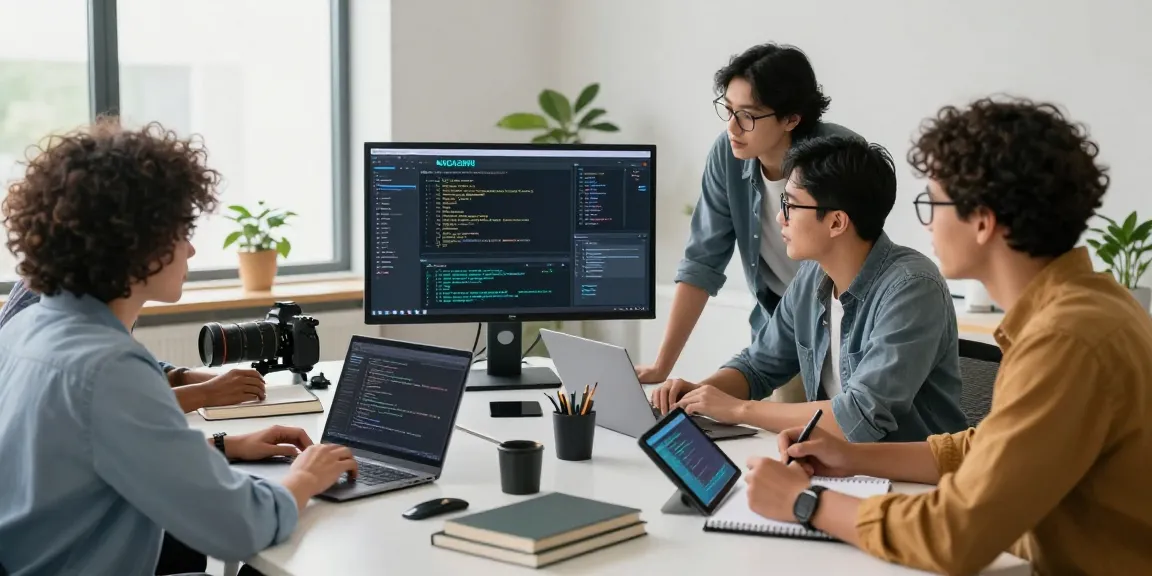 Developers collaborating on the NAGA2000 interface in a bright office setting.