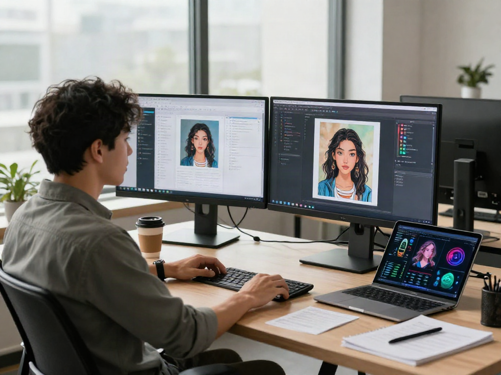 AI Image Detector analysis in a modern tech workspace with dual monitors.