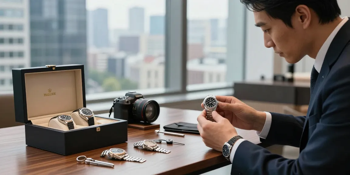 Examining replica watches in a stylish urban setting showcasing quality craftsmanship.