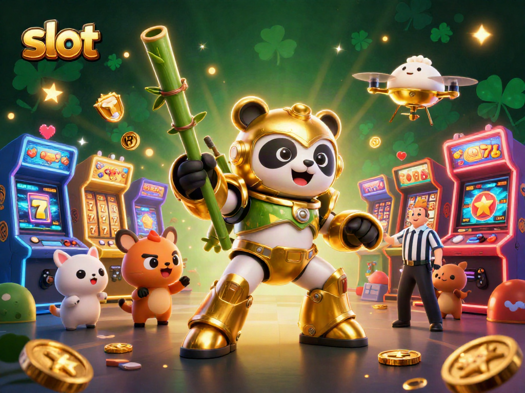 Engage with thrilling slot gameplay while observing a golden panda pilot in a colorful arena.