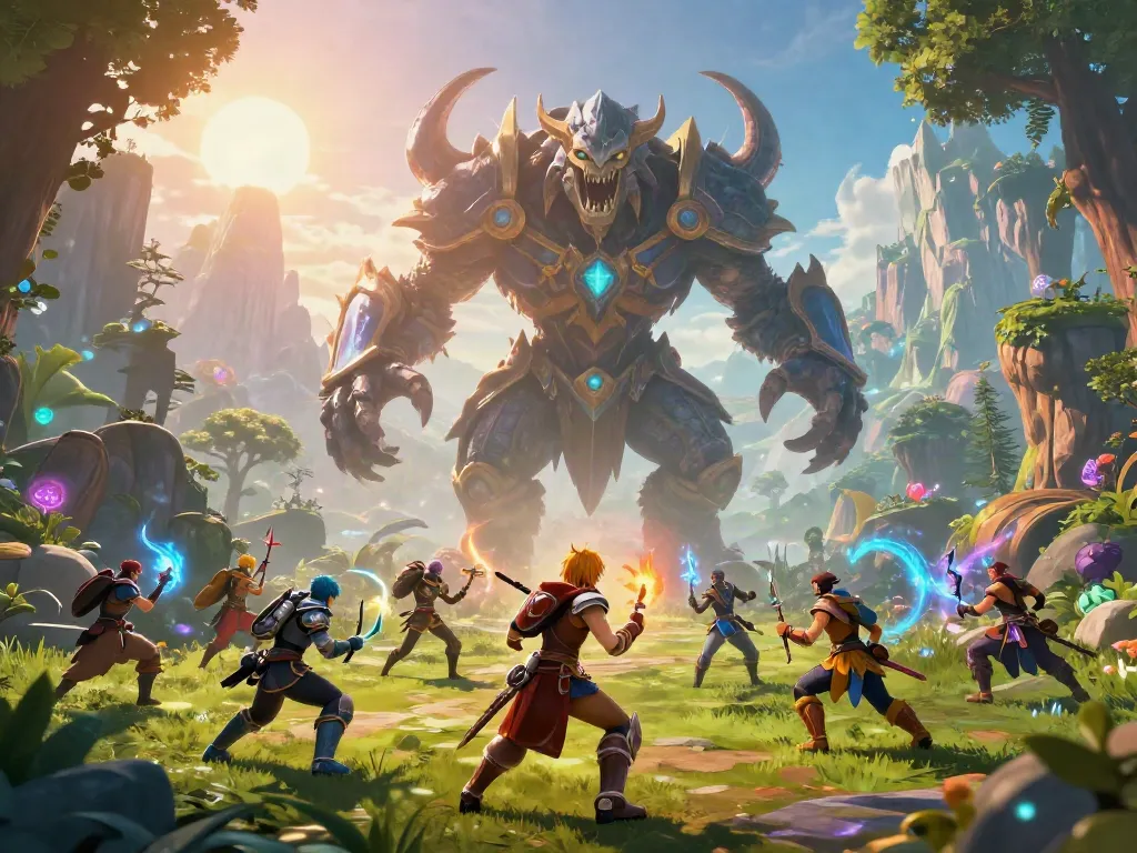 Epic battle scene featuring rokok88 slot game players confronting a new monster in a mystical landscape