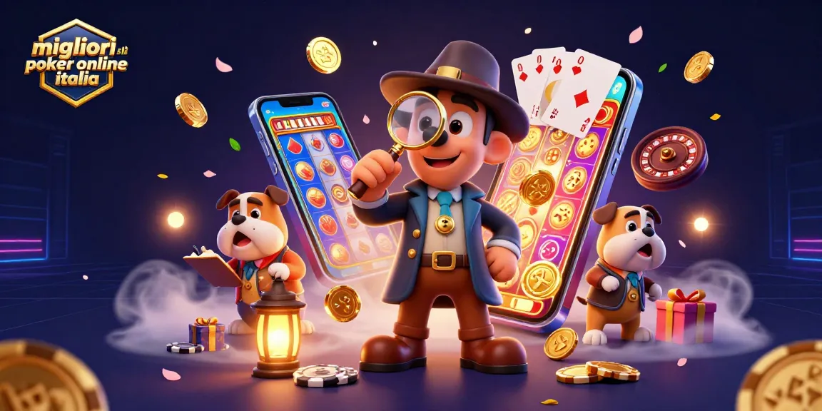 Gioca ai migliori siti poker online in Italia osservando un detective animato mentre esamina un gettone dorato.