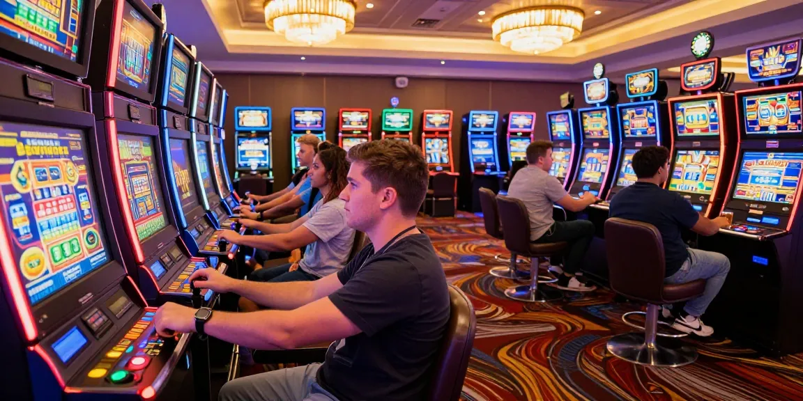 Pengunjung bermain slot di kasino dengan semangat dan kebisingan mesin slot.