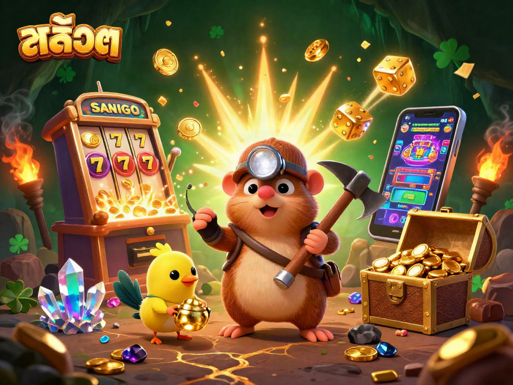 Experience thrilling สล็อต action with a treasure hunter mole amidst a vibrant casino scene.