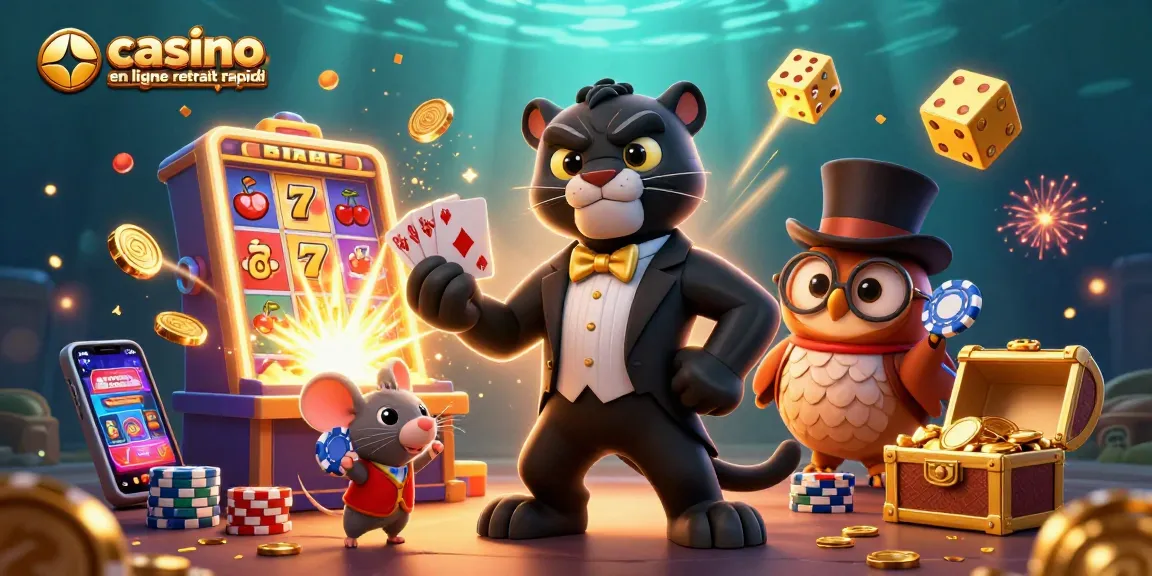 Image d'un casino en ligne retrait rapide avec un panthère, une chouette et une souris jouant aux cartes au milieu de machines à sous.