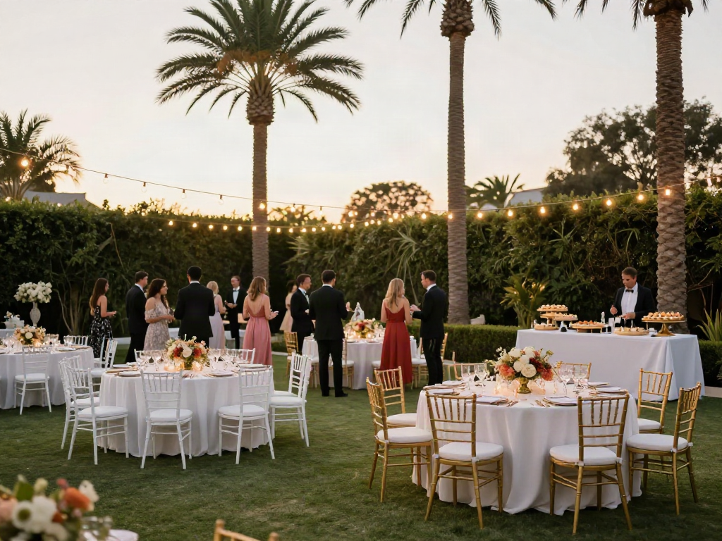 Premium event furniture rental arranged in a luxurious outdoor setting with elegant tables and chairs.